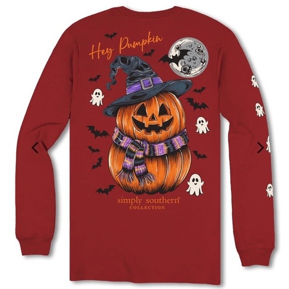 Simply Southern Tops - New Simply Southern Long Sleeve "HEY PUMPKIN" Tee T-Shirt Maroon Ghosts Hat XL